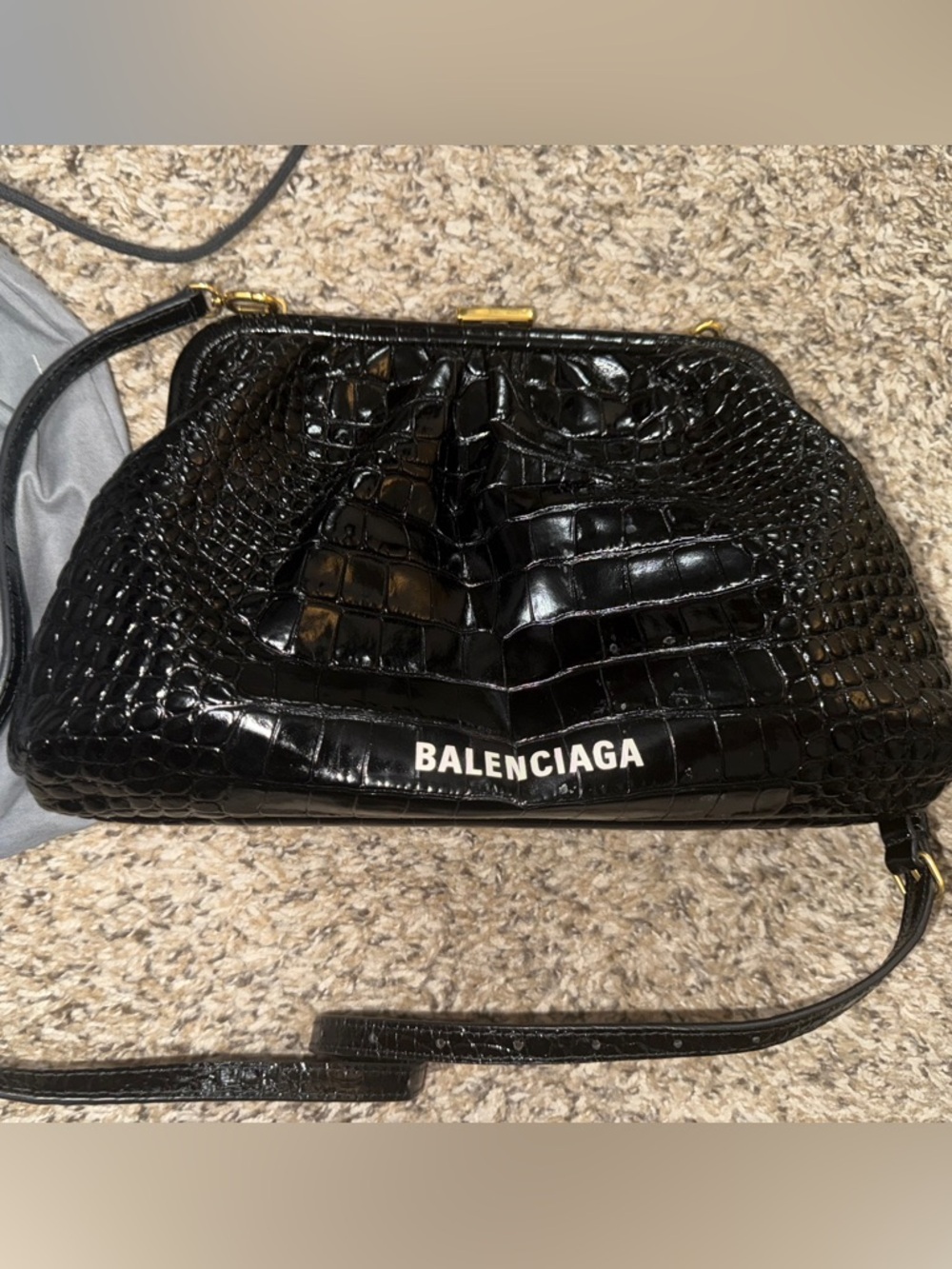 Balenciaga Black Croc-Embossed Shoulder Bag with Gold Hardware